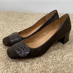 Talbots Women Size 6.5AA Brown Suede/Leather Block Heels Square Toe Pump Shoes